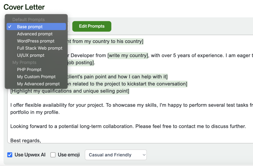Default Prompts and My Prompts.