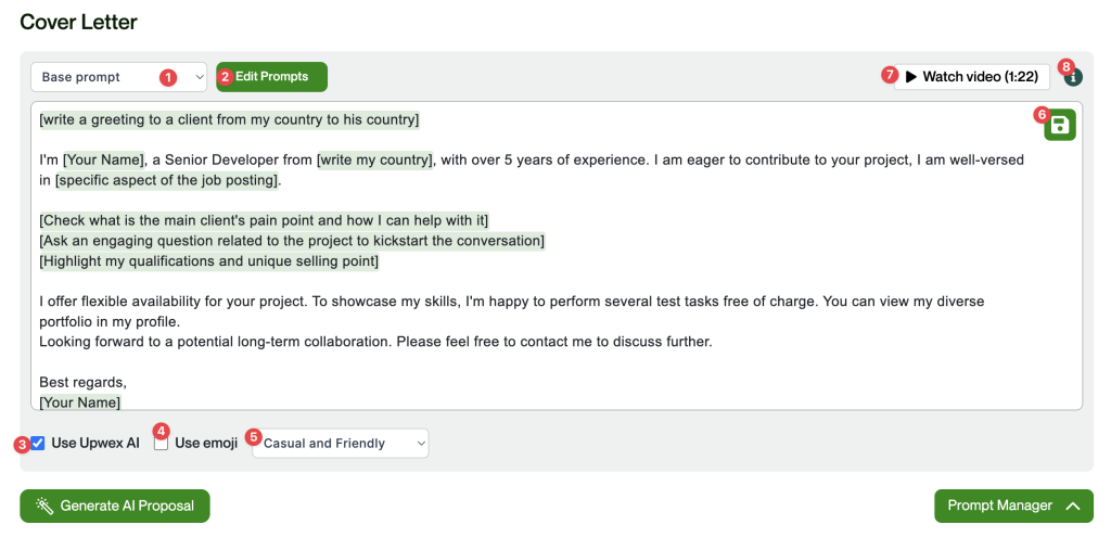 The interface of Upwex AI for generating Cover Letters